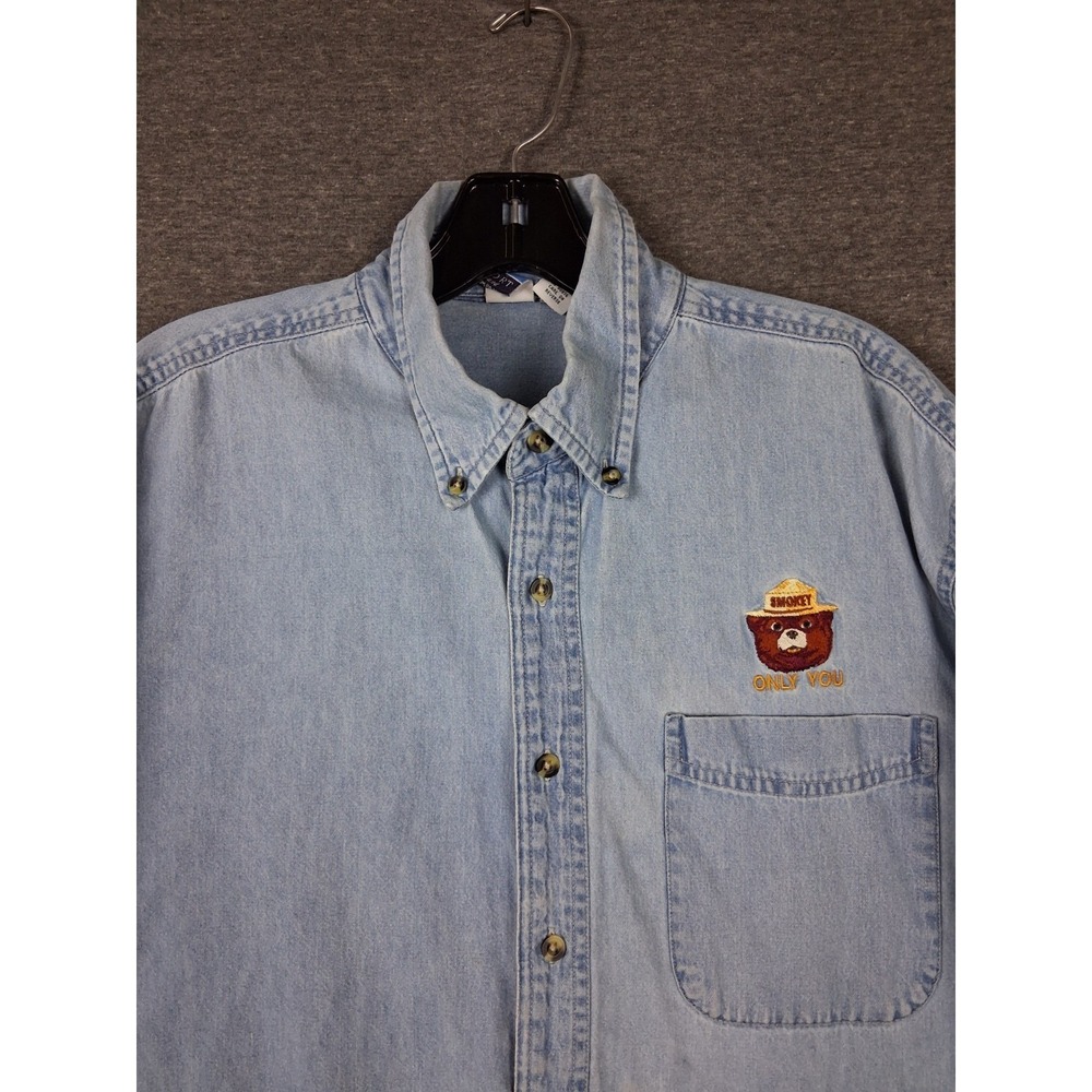 VTG Smoky Bear Mens M Button Up Embroidered VTG Chambray Denim Port Company